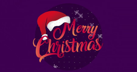 Merry Christmas text with Santa hat and snowflakes image on purple background. holiday, festive, celebration, greeting, winter, joyfulの写真素材