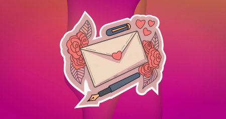Showing illustration of envelope, roses and hearts with pen nib and pencil on gradient backdrop. Romance, stationery, floral, aesthetic, artistic, elegance, communicationの写真素材