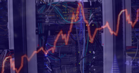 Showing server rack holding server, switch units in data center, with patch panels, cables, LEDs. Data center, networking, infrastructure, technology, server room, it, digitalの写真素材
