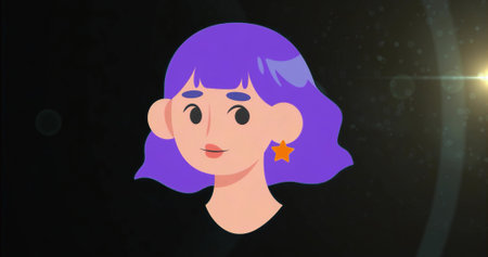 Purple-haired female character floating in digital cosmic space, with orange star earring. Fantasy,...