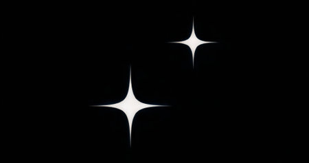 Displaying two white four-point stars occupying left and upper right of dark canvas, copy space....