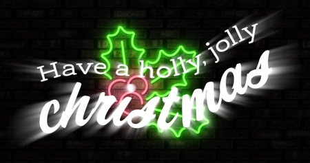 Image of have a holly jolly christmas text over wall. Christmas and digital interface concept digitally generated image.の写真素材