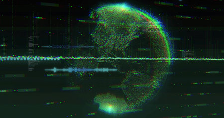 Rotating point-cloud globe on dark interface, with data waveform, numeric overlays, glitch bars. Technology, data visualization, cyberpunk, futurism, digital art, interface design, innovationの写真素材