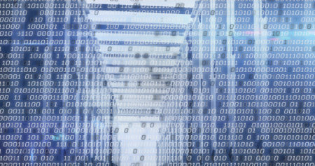 Displaying server racks streaming binary code overlay in data center corridor, with network cables. Technology, data, cybersecurity, digital, infrastructure, networking, innovationの写真素材