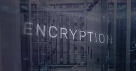 Displaying server racks running inside data center with circuit boards and floating encryption text. Technology, cybersecurity, data, infrastructure, digital, futuristic, professionalの写真素材