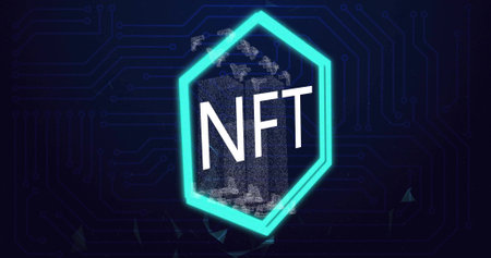 Displaying cyan hexagon showing NFT text in blockchain scene with floating pixels on circuit traces. Technology, digitalart, futuristic, innovation, cryptocurrency, cyber, abstractの写真素材