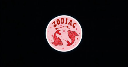 Displaying zodiac emblem on black canvas with stylized fish, starburst, constellation and sparkles. Symbol, badge, insignia, spiritual, mystical, celestial, graphicの写真素材