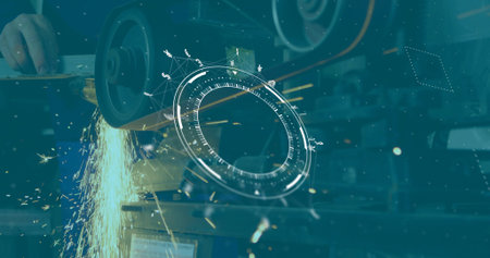 Grinding workpiece in shop wearing workwear against rotating bench grinder with digital overlay. Industrial, machinery, safety, technology, manufacturing, precision, innovationの写真素材