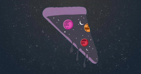 Floating pizza slice gliding through cosmic star field with four planet-like toppings, three drips. Fantasy, surreal, whimsical, abstract, cosmic, imaginative, vibrantの写真素材