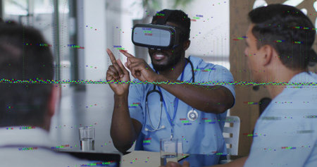 Gesturing doctor wearing VR headset and stethoscope interacting with display in hospital room....