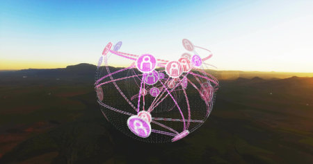 Hovering digital network sphere glowing above desert terrain, with lines, data markers, user icons....