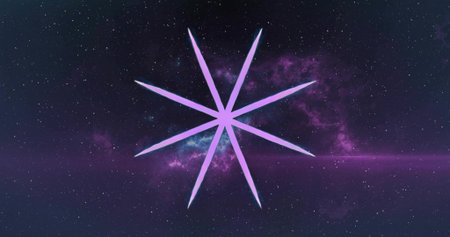 Floating central eight-pointed violet star-like emblem drifting in outer space, with nebula glow. Astronomy, celestial, futuristic, cosmic, abstract, design, spaceartの写真素材