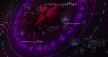 Interface pulsing with magenta rings overlaying waveforms code map outlines and glowing data burst....