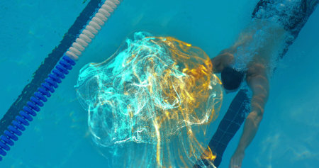 Swimming man wearing briefs in pool lane, with stripe, particle swirl over blue tiles, copy space....