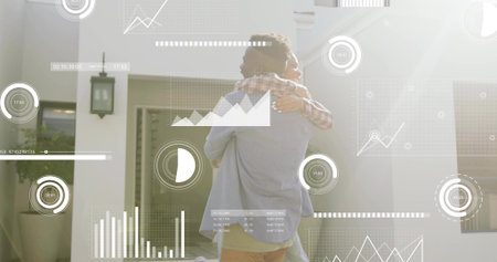 Hugging couple wearing blazer plaid shirt at home entrance with door plant and digital overlays. Affection, intimacy, connection, modern architecture, outdoor space, lifestyle, technologyの写真素材