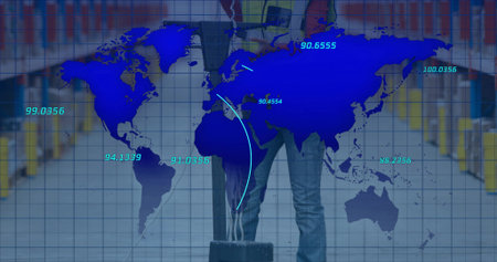 Standing woman in travel clothes holding tablet at airport corridor, with suitcase and map overlay....