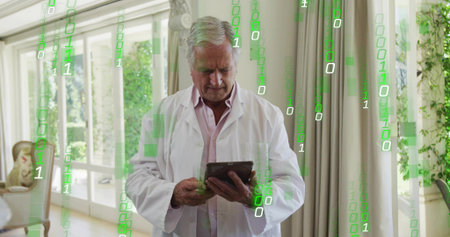 Examining senior male in lab coat holding tablet at home, with cascading green binary overlay. Technology, healthcare, innovation, modern, wellness, digital, scienceの写真素材