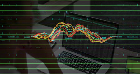 Leaning woman scanning code on laptop in home office, with mug and pen, copy space. Technology, data, productivity, workspace, analysis, concentration, modernの写真素材
