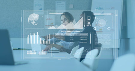 Pointing women in business clothes analyzing laptop charts in meeting room, digital overlay....