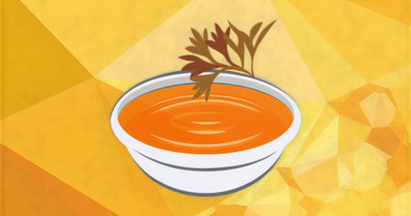 Displaying white ceramic bowl holding smooth orange soup on warm polygon mosaic, with herb garnish. Minimalist, vibrant, geometric, culinary, digital art, warm tones, abstractの写真素材