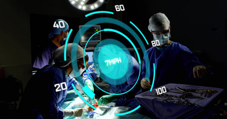 Team of four surgeons performing surgery in operating room, with overhead light and HUD overlay. Medical, teamwork, precision, innovation, healthcare, clinical, technologyの写真素材