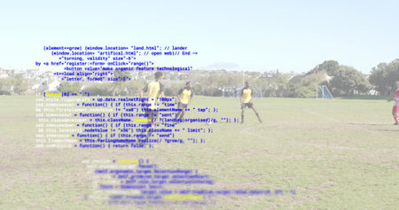Playing eight soccer players wearing athletic clothing near goal on park field, with code overlay....