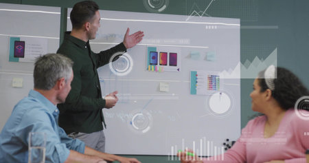 Pointing man presenting app mockups and sticky notes on whiteboard in conference room, copy space....