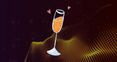 Floating champagne flute in digital illustration with pink hearts and yellow dotted wave field. Celebration, romance, elegance, abstract, vibrant, festive, graphicの写真素材