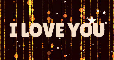 Displaying bold white I LOVE YOU text on abstract backdrop, with glowing golden strands and stars. Romantic, celebration, festive, luminous, minimalistic, elegance, digitalartの写真素材