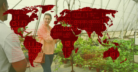Pointing horticultural guide showing potted ferns inside greenhouse. Botanical, eco-friendly,...