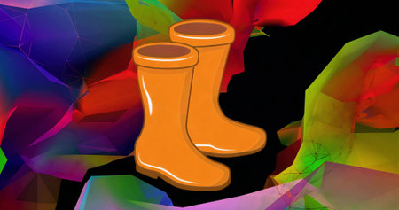 Displaying stylized orange rain boots in virtual space, with colorful polygonal mesh background. Vibrant, abstract, playful, digital art, graphic, modern, youthfulの写真素材