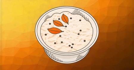 Presenting bowl holding rice with pepper dots and orange-leaf garnishes on warm polygon gradient. Minimalist, vibrant, culinary, digital, contemporary, decorative, healthyの写真素材