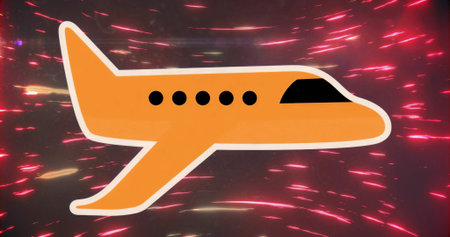 Gliding stylized orange airplane icon across dark canvas, with red and yellow light streaks....