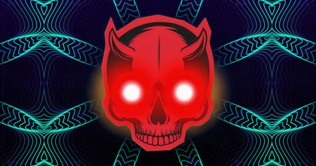 Hovering red horned skull revealing glowing white eyes in digital neon art, with cyan wave patterns....