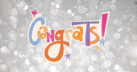 Floating stylized Congrats lettering dancing in digital composition, with decorative star icons. Celebration, festivity, vibrant, cheerful, graphic design, modern, playfulの写真素材