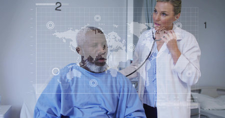 Listening doctor using stethoscope on patient wearing gown in clinic, with bed and digital overlay. Healthcare, telemedicine, futuristic, diagnosis, professionalism, medicaltechnology, clinicalの写真素材