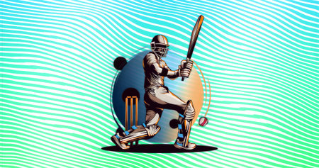 Swinging cricket batsman hitting red-and-white cricket ball with wooden bat in abstract gradient....