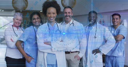 Standing group in hospital corridor wearing uniforms showing stethoscopes and badges, HUD overlay....