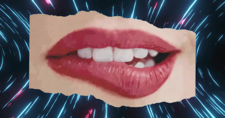 Female mouth biting lower lip in cosmic tunnel with red lips, torn edge and light streaks. Lipstick, glamour, futuristic, abstract, neon, sensuality, fashionの写真素材