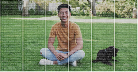 Sitting adult man wearing orange t-shirt and jeans in garden, with smartphone, backpack and lamp. Relaxation, outdoor leisure, casualwear, nature, wellness, serenity, lifestyleの写真素材