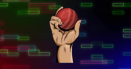 Human hand holding red cricket ball in digital backdrop, with floating neon UI bars. Sport, athletica, competition, energy, digital art, modern, vibrantの写真素材