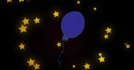 Floating solitary blue balloon with curling string in abstract night sky, with golden star shapes. Fantasy, surrealism, luminous, celestial, whimsical, minimalist, atmosphericの写真素材