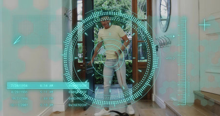 Standing man undergoing biometric scanning at entryway, with holographic UI overlay, open door, cat....
