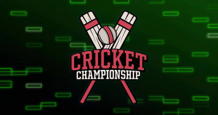 Cricket championship emblem showing crossed bats and ball on digital backdrop with neon green bars. Sports, competition, emblem, modern, dynamic, tech, teamの写真素材