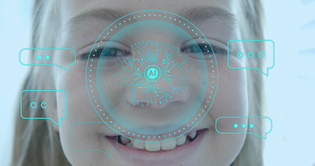 Smiling girl scanning circular AI interface on face in bright studio, with cyan chat bubble icons. Futuristic, technology, innovation, children, education, communication, modernの写真素材