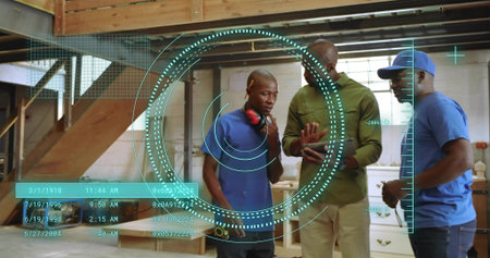 Gesturing instructor guiding apprentices in woodworking shop, with tape measure and HUD overlay....