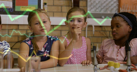 Watching three kids conducting experiment at school lab bench with burners and graph projection. Education, science, teamwork, discovery, innovation, experimentation, classroomの写真素材