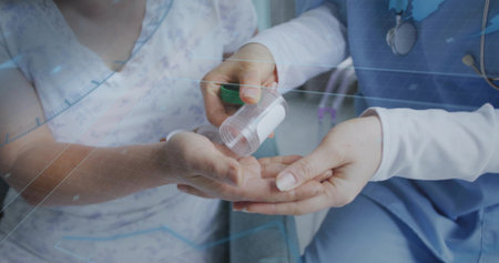 Pouring pills nurse in scrubs tilting pill bottle to patient hand in clinic, showing digital grid....