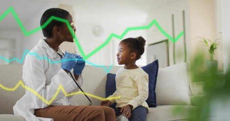 Listening lab-coated physician pressing stethoscope on child chest at home, with line graphs....
