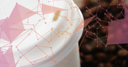 Displaying cup lid occupying left frame at cafe counter, with beans and pink-orange network overlay. Studio, minimalism, technology, beverage, urban, modern, abstractの写真素材